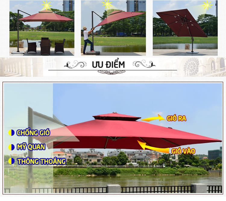 Dù hòa phát lệch tâm vuông 3m hợp kim nhôm xoay 360 màu đỏ