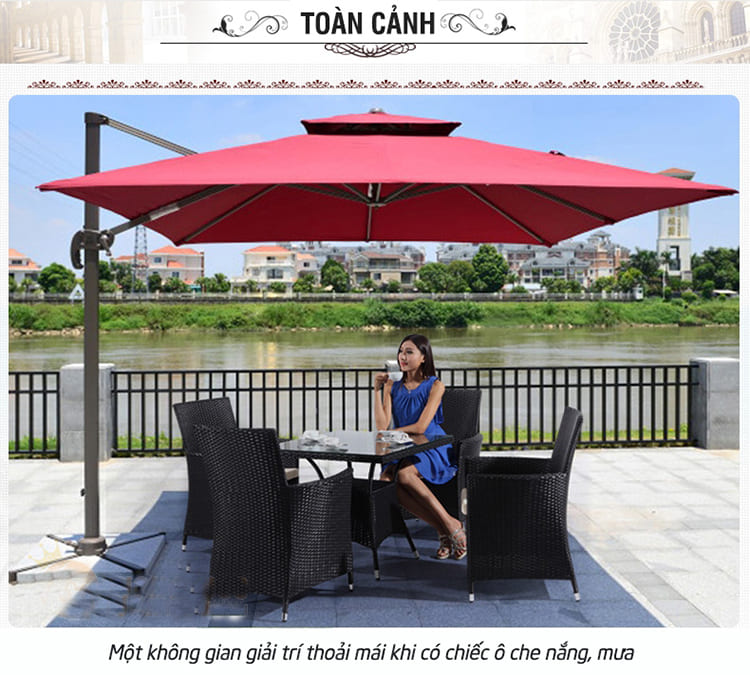 Dù hòa phát lệch tâm vuông 3m hợp kim nhôm xoay 360 màu đỏ